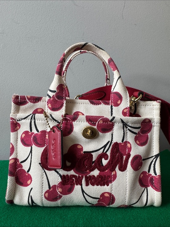 Coach Handbags - 🍒Coach Cream Canvas Mini Tote with Pink Cherry Print and ❤️red Strap🍒